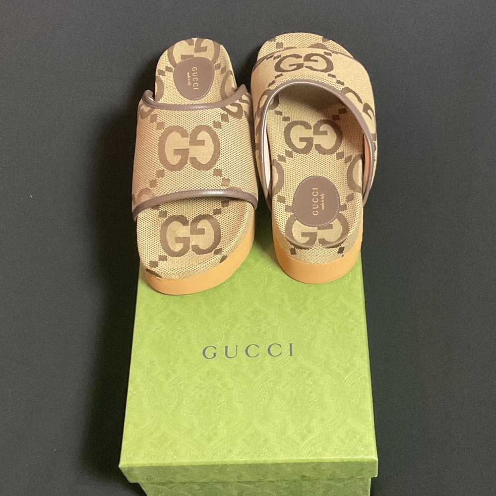 Gucci Tan and Brown Large Logo Platform Slide Sandals